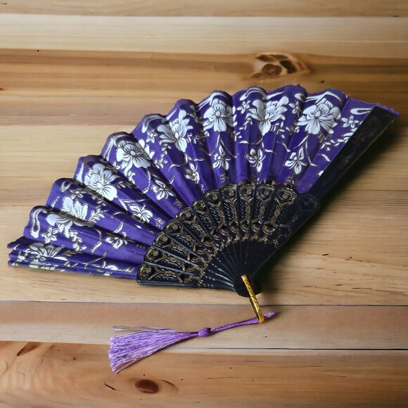VINTAGE Spanish Style Purple White Hand Held Fan Lace Accent - Picture 1 of 2